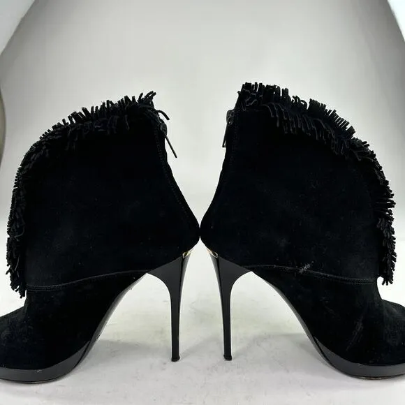 Burberry Nadison Fringe Peep-Toe Ankle Bootie Size 38 US 7.5 Black Heels Boots