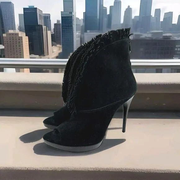 Burberry Nadison Fringe Peep-Toe Ankle Bootie Size 38 US 7.5 Black Heels Boots