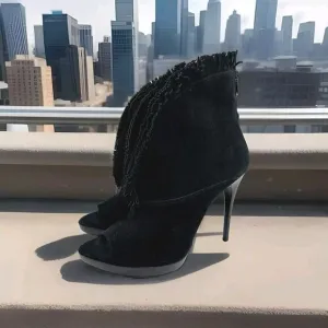 Burberry Nadison Fringe Peep-Toe Ankle Bootie Size 38 US 7.5 Black Heels Boots