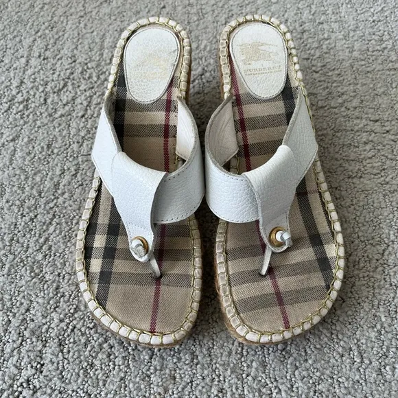 Burberry White and Beige Check Sandals