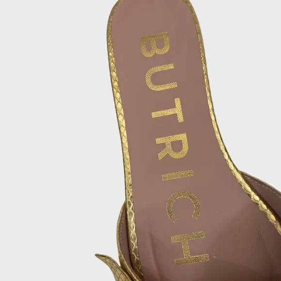 Butrich Alina Textured Gold Leather Bow Flat Sandals Size 37