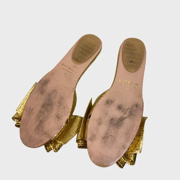 Butrich Alina Textured Gold Leather Bow Flat Sandals Size 37