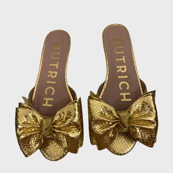 Butrich Alina Textured Gold Leather Bow Flat Sandals Size 37