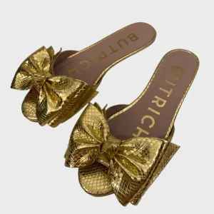 Butrich Alina Textured Gold Leather Bow Flat Sandals Size 37