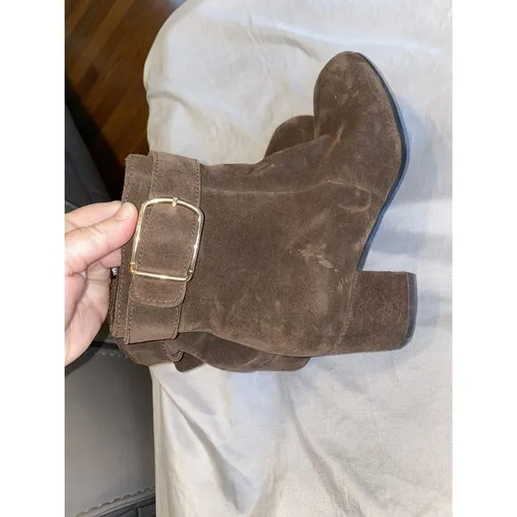 C La Canadienne Jesse Women's 9.5 M Brown Suede Buckle Strap Block Bootie Boots