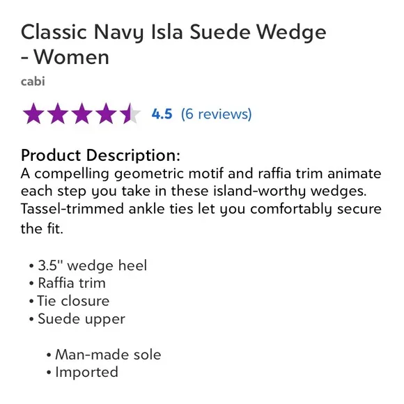 Cabi Classic Navy Isla Suede Wedge Woman’s Size 6 New in box