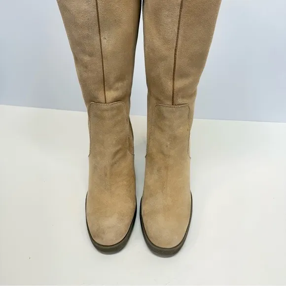 CALVIN KLEIN Beige suede SOLEDAD tall wedge boots size 9