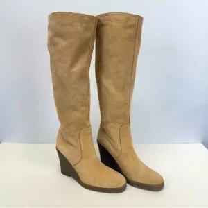 CALVIN KLEIN Beige suede SOLEDAD tall wedge boots size 9