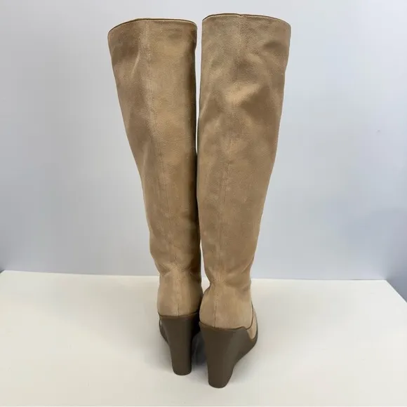 CALVIN KLEIN Beige suede SOLEDAD tall wedge boots size 9