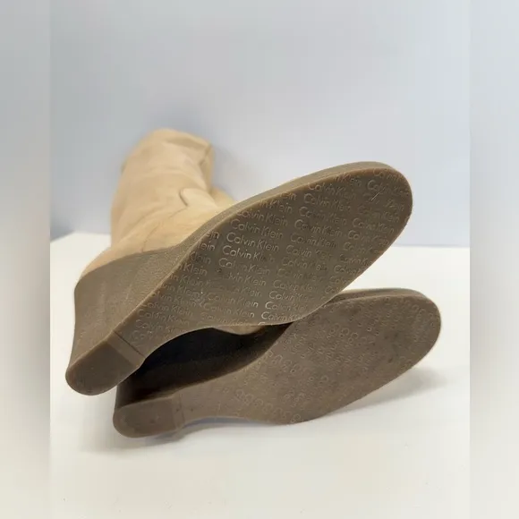 CALVIN KLEIN Beige suede SOLEDAD tall wedge boots size 9