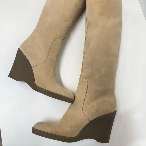 CALVIN KLEIN Beige suede SOLEDAD tall wedge boots size 9