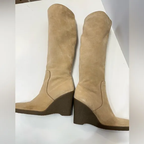 CALVIN KLEIN Beige suede SOLEDAD tall wedge boots size 9