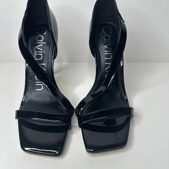 Calvin Klein Womens High Heel Sandals Shoes Strappy Square Toe Patent Black 8.5