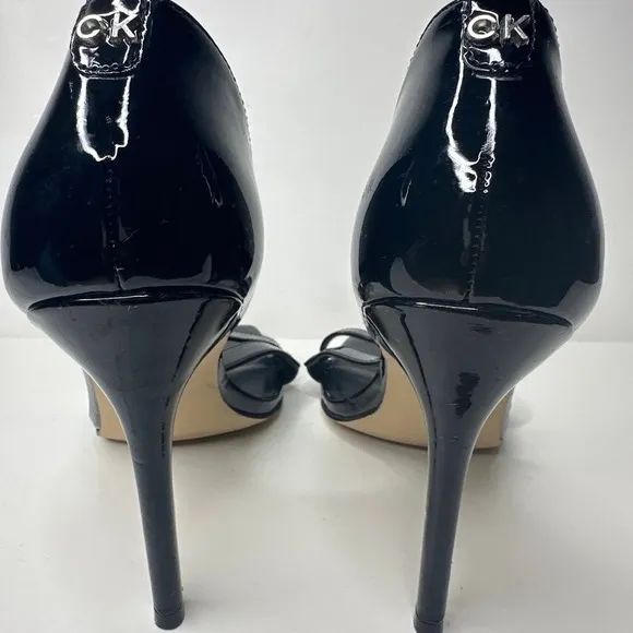 Calvin Klein Womens High Heel Sandals Shoes Strappy Square Toe Patent Black 8.5