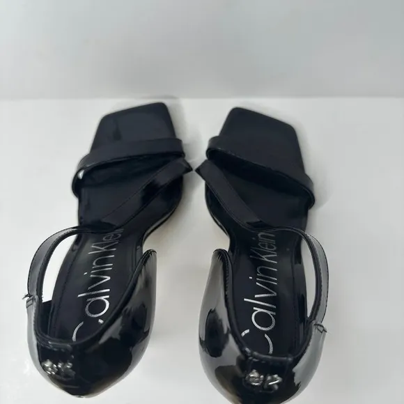 Calvin Klein Womens High Heel Sandals Shoes Strappy Square Toe Patent Black 8.5