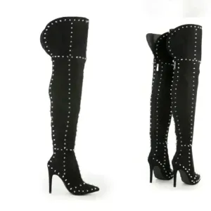 Cape Robbin Faux Suede Mini-33 Studded Heeled Boots - Black - Thigh High - Sz 8