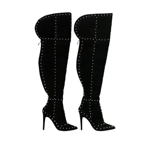 Cape Robbin Faux Suede Mini-33 Studded Heeled Boots - Black - Thigh High - Sz 8