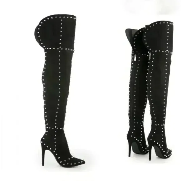 Cape Robbin Faux Suede Mini-33 Studded Heeled Boots - Black - Thigh High - Sz 8