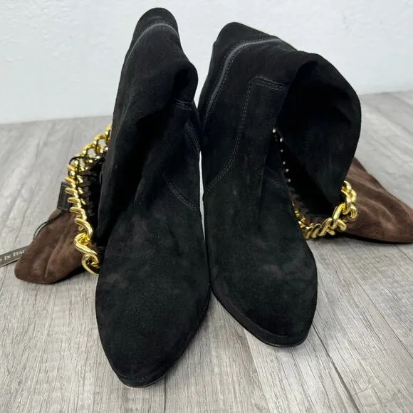 Carisma Made In Italy Black andBrown Suede Gold Chain Tall Boots Size 8