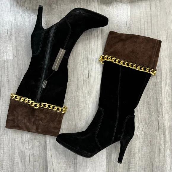 Carisma Made In Italy Black andBrown Suede Gold Chain Tall Boots Size 8