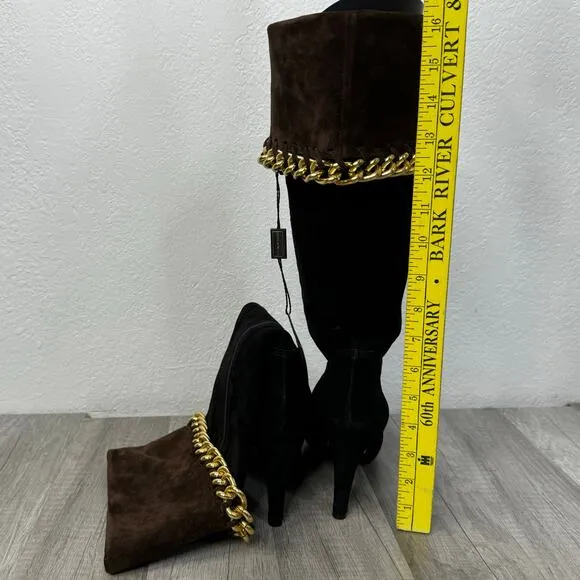 Carisma Made In Italy Black andBrown Suede Gold Chain Tall Boots Size 8