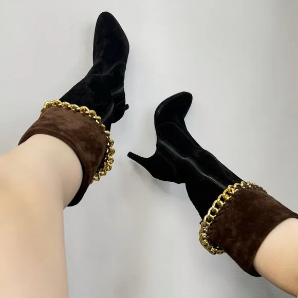 Carisma Made In Italy Black andBrown Suede Gold Chain Tall Boots Size 8