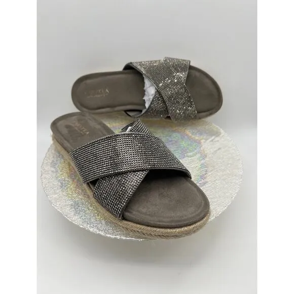 Carvela Comfort Slip on Silver Rhinestone Open Round Toe Sandals Size 7