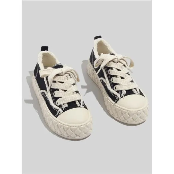 Casual Black Breathable Fashion Sneakers Women's Canvas Round Toe Flat Lace-Up