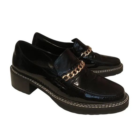 CAVERLEY  Anthropology Women's Black Patent Leather Lug Sole Loafers Size 39 (9)