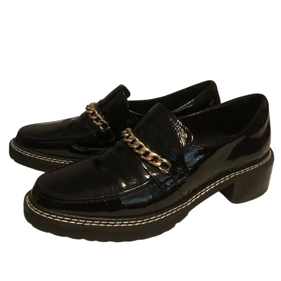 CAVERLEY  Anthropology Women's Black Patent Leather Lug Sole Loafers Size 39 (9)