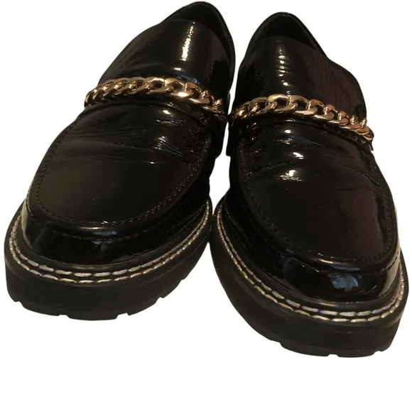 CAVERLEY  Anthropology Women's Black Patent Leather Lug Sole Loafers Size 39 (9)