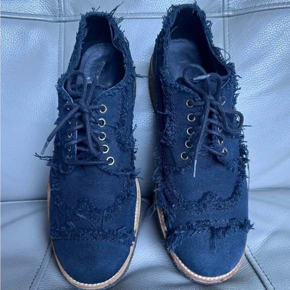 Chanel Navy Canvas CC Logo Platform Oxford Loafers Sz EU 38 US 8 Preppy Academia