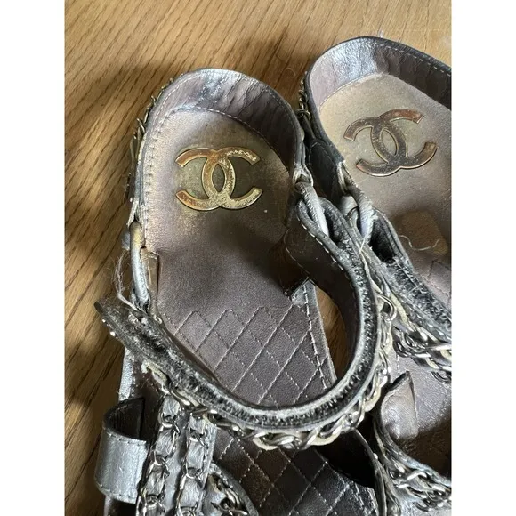 CHANEL Sandals IT 40 US 10 Silver Leather Flat Chain Coco Mark Sport 2002 Logo
