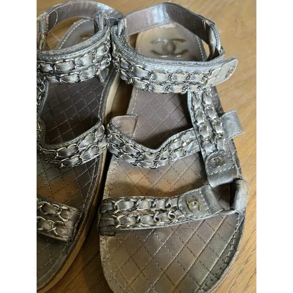 CHANEL Sandals IT 40 US 10 Silver Leather Flat Chain Coco Mark Sport 2002 Logo