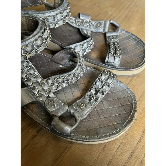 CHANEL Sandals IT 40 US 10 Silver Leather Flat Chain Coco Mark Sport 2002 Logo