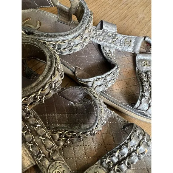CHANEL Sandals IT 40 US 10 Silver Leather Flat Chain Coco Mark Sport 2002 Logo