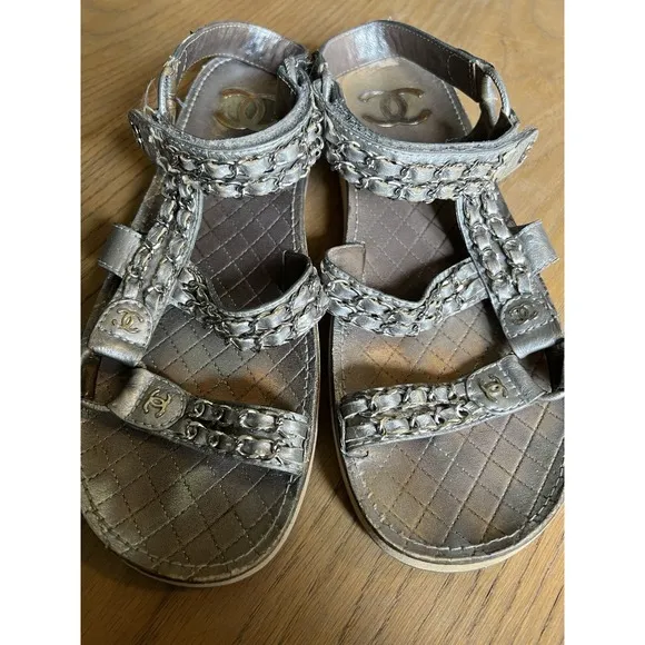 CHANEL Sandals IT 40 US 10 Silver Leather Flat Chain Coco Mark Sport 2002 Logo
