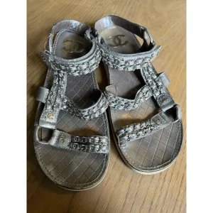 CHANEL Sandals IT 40 US 10 Silver Leather Flat Chain Coco Mark Sport 2002 Logo