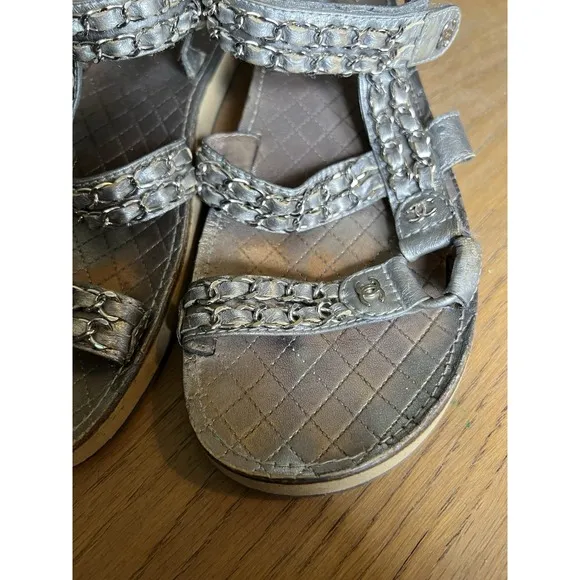 CHANEL Sandals IT 40 US 10 Silver Leather Flat Chain Coco Mark Sport 2002 Logo
