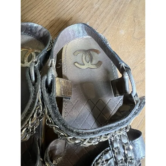CHANEL Sandals IT 40 US 10 Silver Leather Flat Chain Coco Mark Sport 2002 Logo