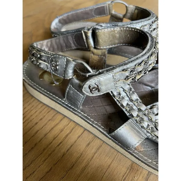 CHANEL Sandals IT 40 US 10 Silver Leather Flat Chain Coco Mark Sport 2002 Logo