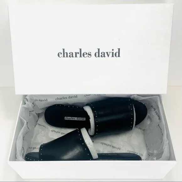 CHARLES DAVID &quot;SHERIFF&quot; LUXURY BLACK LEATHER CHROME STUDS FLAT SLIDE-IN SANDAL🆕