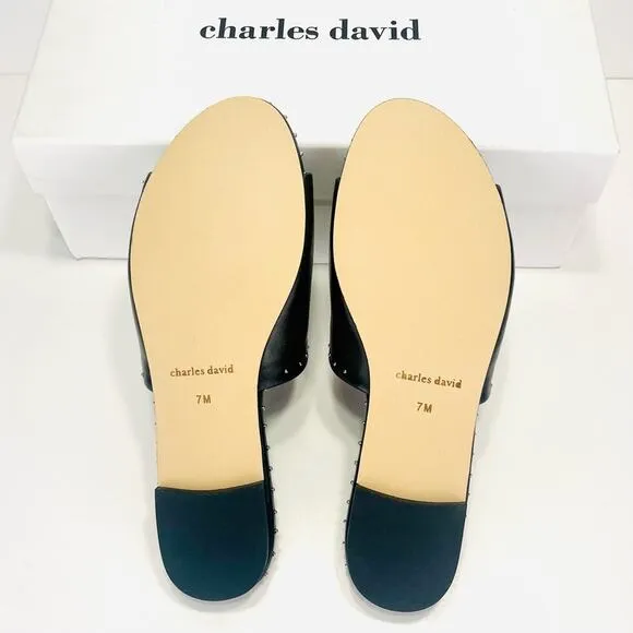 CHARLES DAVID &quot;SHERIFF&quot; LUXURY BLACK LEATHER CHROME STUDS FLAT SLIDE-IN SANDAL🆕