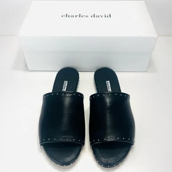 CHARLES DAVID &quot;SHERIFF&quot; LUXURY BLACK LEATHER CHROME STUDS FLAT SLIDE-IN SANDAL🆕