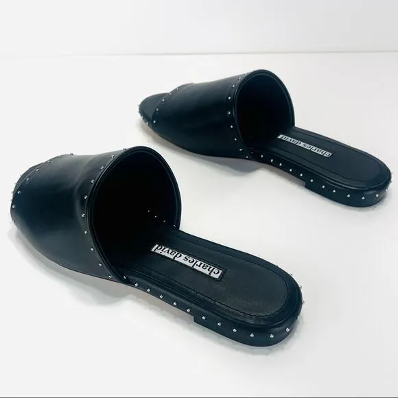 CHARLES DAVID &quot;SHERIFF&quot; LUXURY BLACK LEATHER CHROME STUDS FLAT SLIDE-IN SANDAL🆕