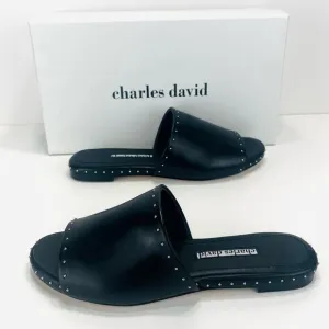 CHARLES DAVID &quot;SHERIFF&quot; LUXURY BLACK LEATHER CHROME STUDS FLAT SLIDE-IN SANDAL🆕