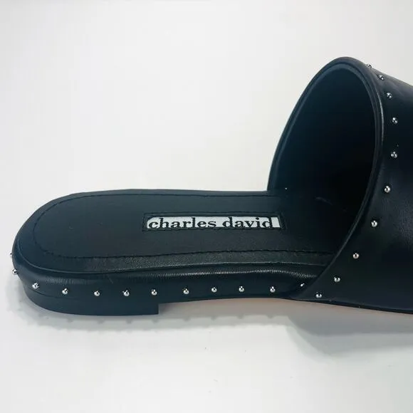 CHARLES DAVID &quot;SHERIFF&quot; LUXURY BLACK LEATHER CHROME STUDS FLAT SLIDE-IN SANDAL🆕