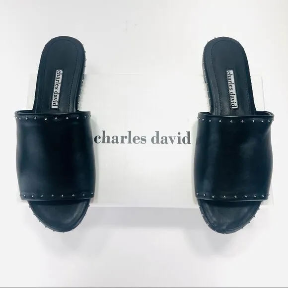 CHARLES DAVID &quot;SHERIFF&quot; LUXURY BLACK LEATHER CHROME STUDS FLAT SLIDE-IN SANDAL🆕
