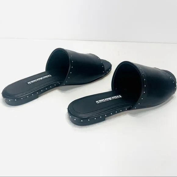 CHARLES DAVID &quot;SHERIFF&quot; LUXURY BLACK LEATHER CHROME STUDS FLAT SLIDE-IN SANDAL🆕