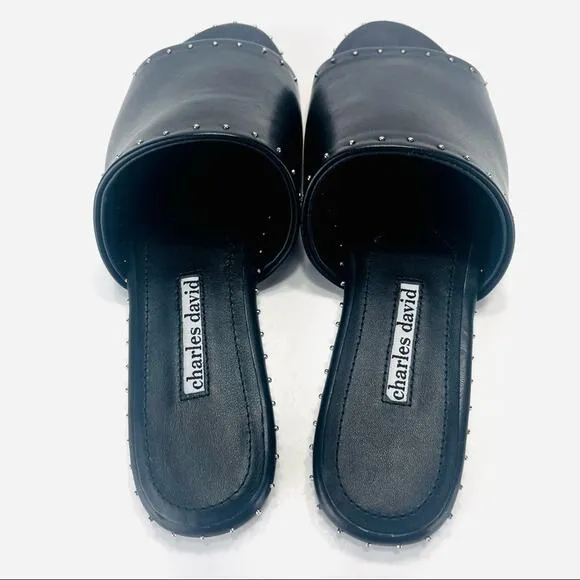 CHARLES DAVID &quot;SHERIFF&quot; LUXURY BLACK LEATHER CHROME STUDS FLAT SLIDE-IN SANDAL🆕